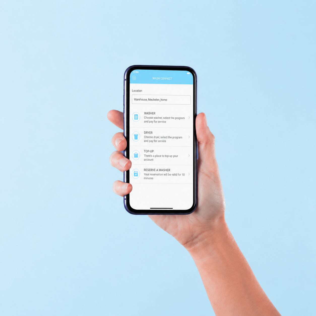 Smartphone showing the Wash Connect app home screen
