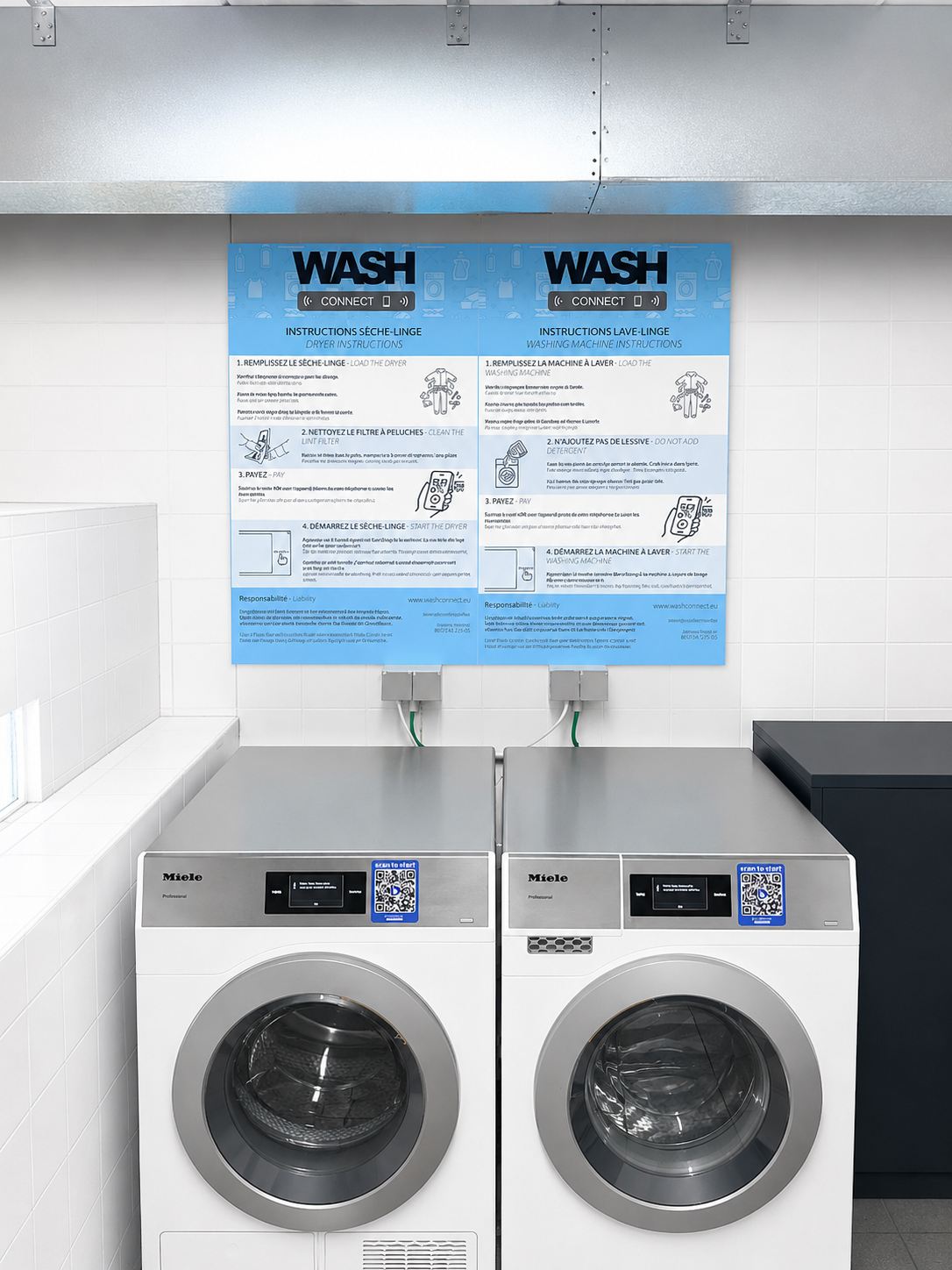 Wash Connect instructiepanelen boven Miele wasmachines