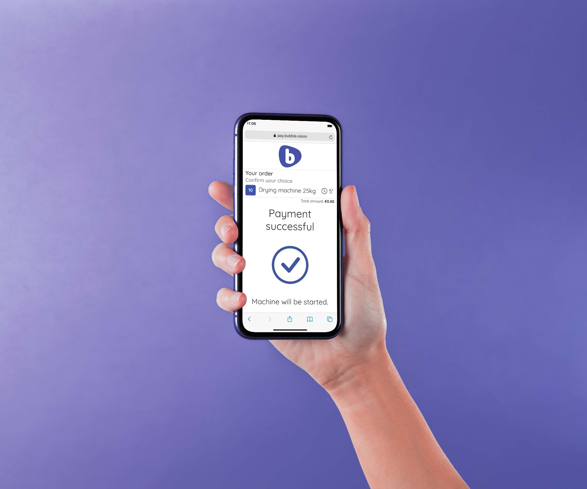 Smartphone showing successful QR payment for Wash Connect