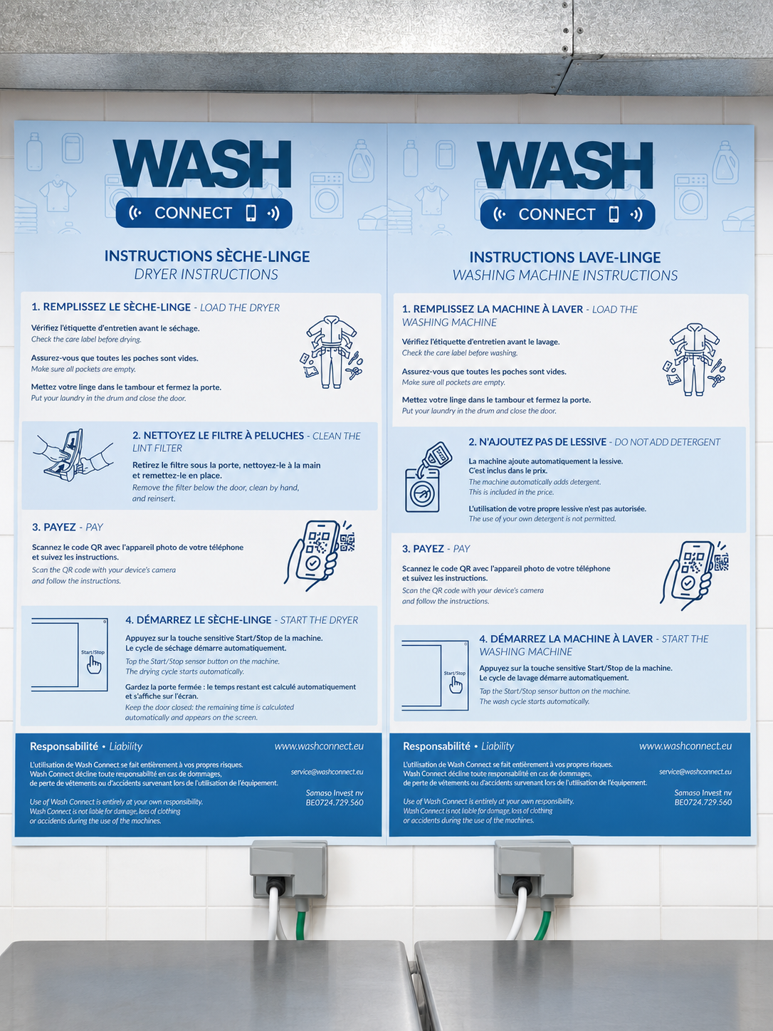 Wash Connect instructieborden in de wasruimte